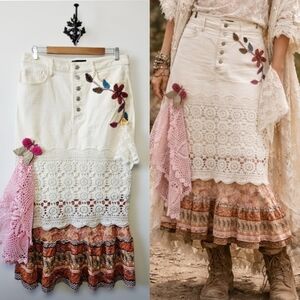 Upcycled Patchwork Lace Maxi Skirt Size 12 Boho Mixed Fabrics Reworked Vintage